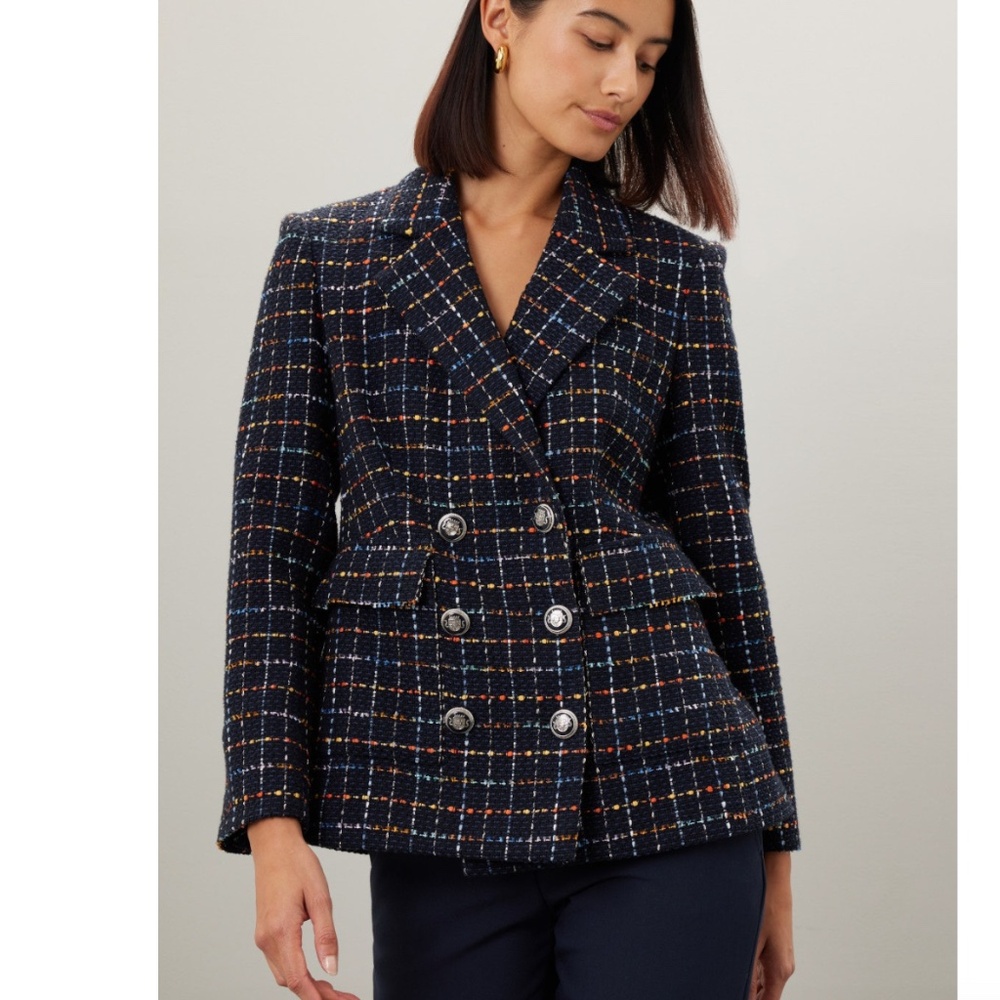 Veronica Beard Navy Plaid Double-Breasted Tweed Blazer